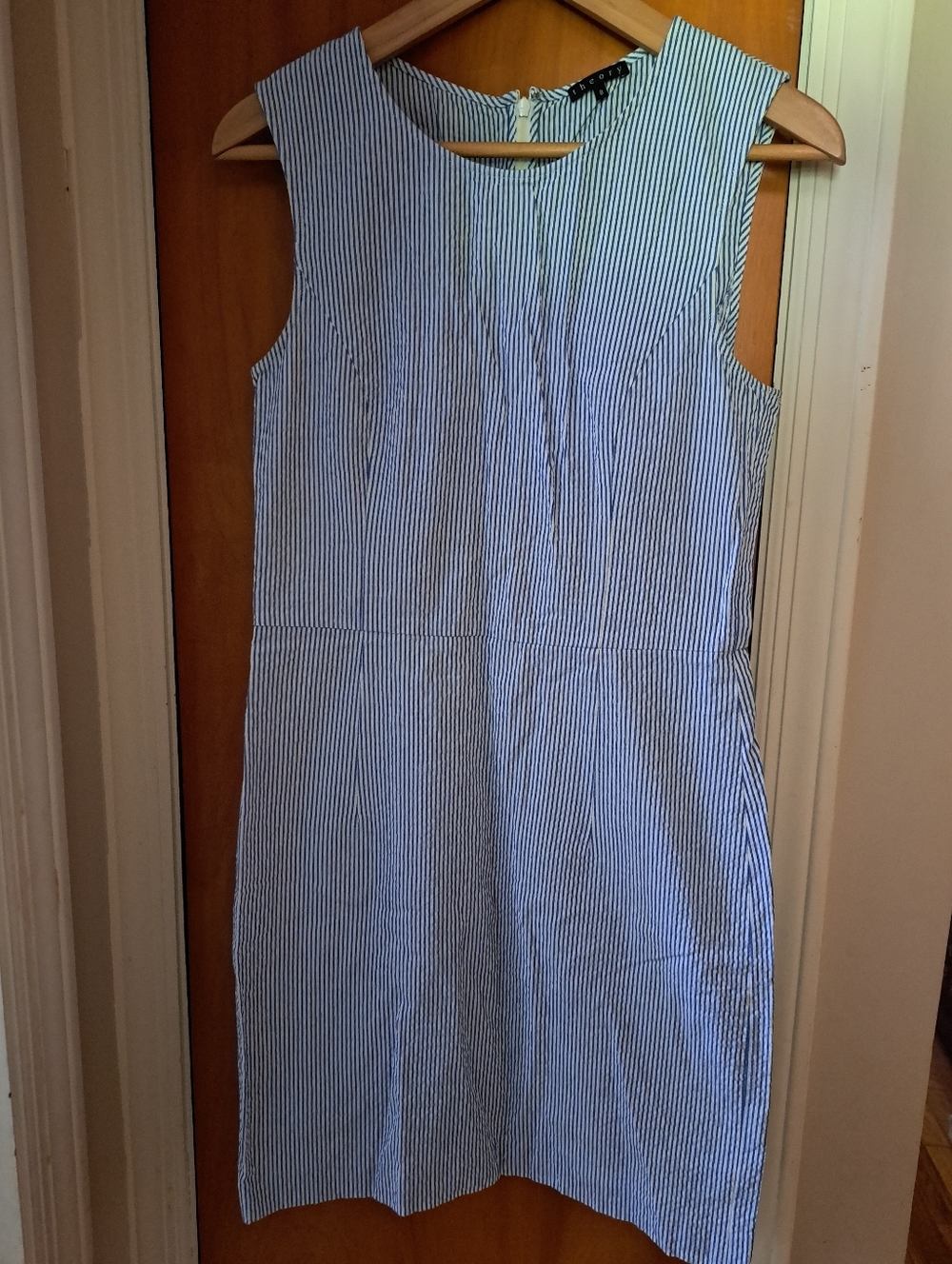 Theory Blue and White Striped Sleeveless Midi Dress